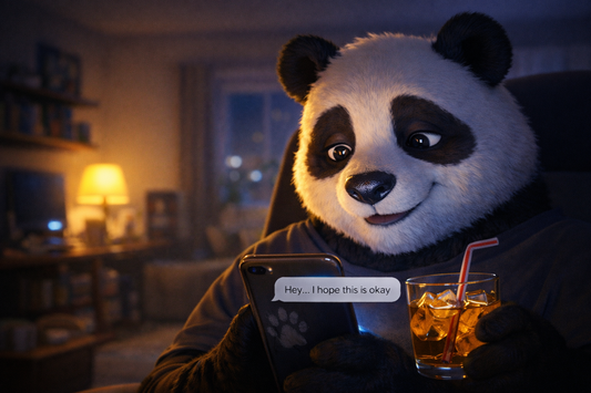 Bumbly’s face lit by a phone glow in a dim; on-screen: “Hey… I hope this is okay,” while a faint pawprint smudge marks the phone case.