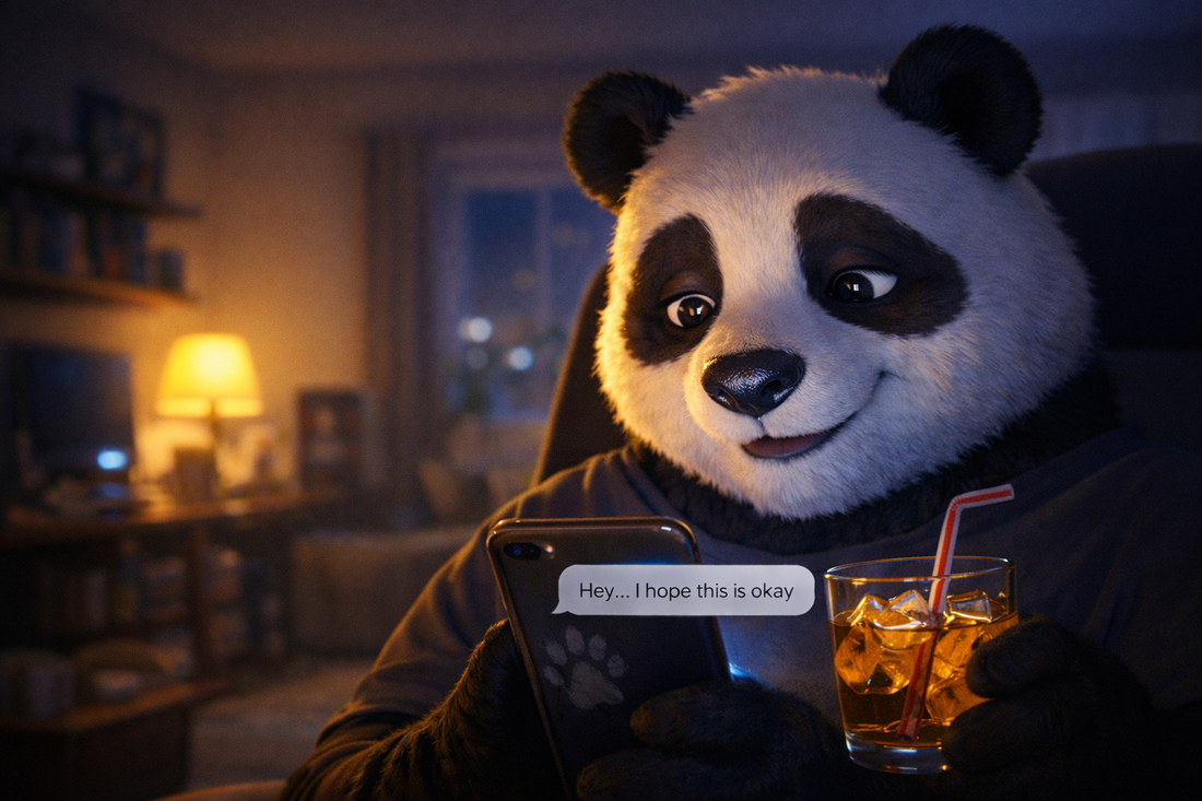 Bumbly’s face lit by a phone glow in a dim; on-screen: “Hey… I hope this is okay,” while a faint pawprint smudge marks the phone case.