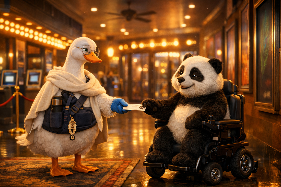 Cinema lobby glow; Piper holds out a ticket, Bumbly’s paw touches the corner—leaving a tiny pawprint smear like ink.