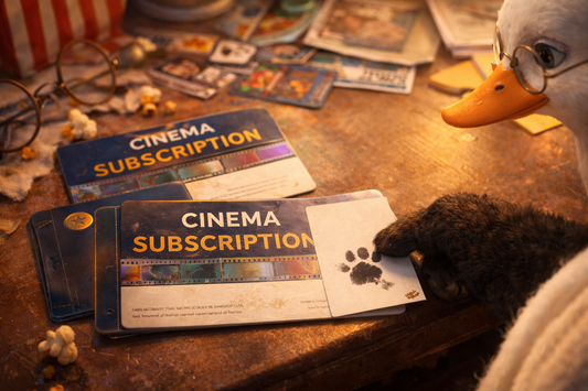 On a cluttered table: two cinema subscription cards in sleeves; Bumbly’s paw pushes one toward Piper, leaving a visible pawprint smudge on the paper.