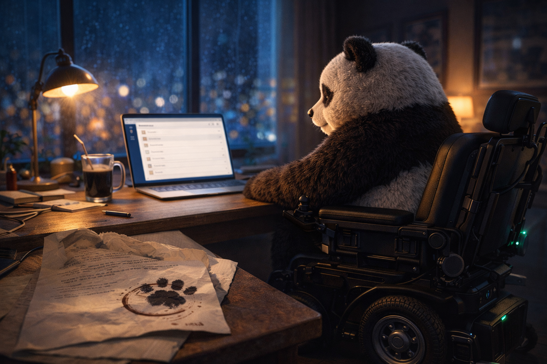 A panda in a glowing apartment at midnight, powerchair beside him, dating-site inbox empty; a coffee-ring pawprint stamped on a crumpled profile draft.