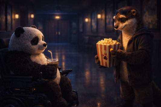 In a dim cinema hallway, Bumbly the panda sits in his power wheelchair holding a drink with a straw, while Steve the otter stands beside him with popcorn.