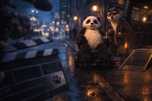 At a wet city curb at dusk, Bumbly the panda sits in his power wheelchair by a taxi ramp while Steve the otter stands beside him smiling; a film clapperboard with a tiny pawprint smudge rests in the foreground.