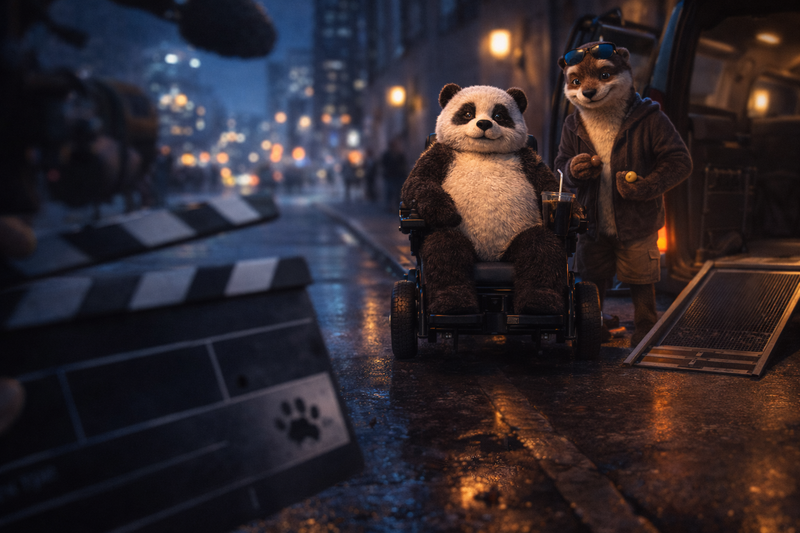 At a wet city curb at dusk, Bumbly the panda sits in his power wheelchair by a taxi ramp while Steve the otter stands beside him smiling; a film clapperboard with a tiny pawprint smudge rests in the foreground.