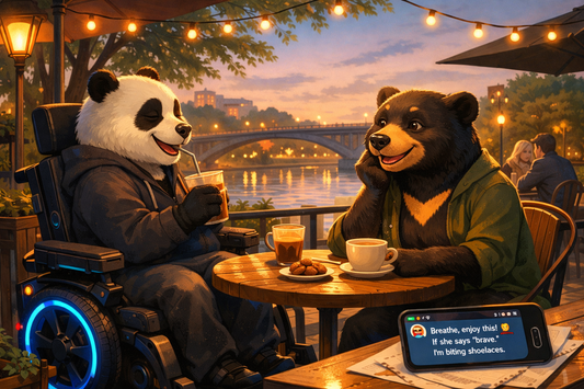 Bumbly the panda sits in his power wheelchair at a sunny riverside café terrace, smiling over coffee with Esther, a sun bear, as they share an easy first date close to home.