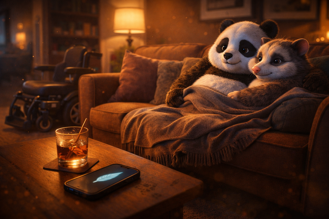 Warm lamplit living room at night: Bumbly the panda sits cuddled on a sofa with Pausy the opossum under a blanket, his power wheelchair parked beside them