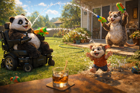 Sunny backyard water fight: Bumbly the panda laughs from his power wheelchair with a mounted water gun, while Pausy the opossum and her two young children splash and run through flying arcs of water.