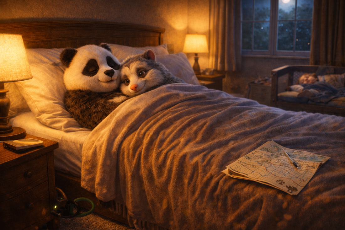 “Cozy B&B bedroom at night: Bumbly the panda and Pausy the opossum lie tucked together under the blankets, faces relaxed, a toddler sleeps in a travel cot