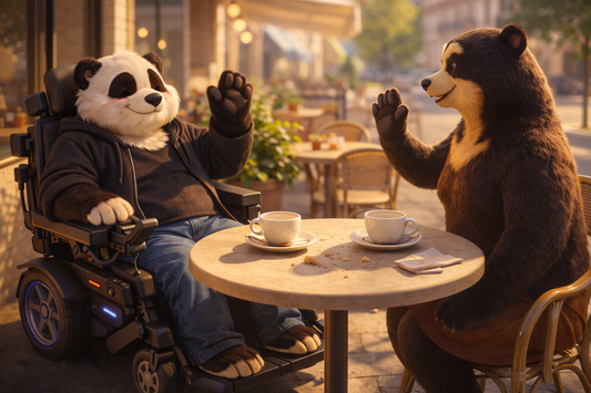 Bumbly the panda sits in his power wheelchair at a sunny café terrace, gently waving goodbye to Esther, a sun bear, with empty coffee cups and pastry crumbs on the table between them.