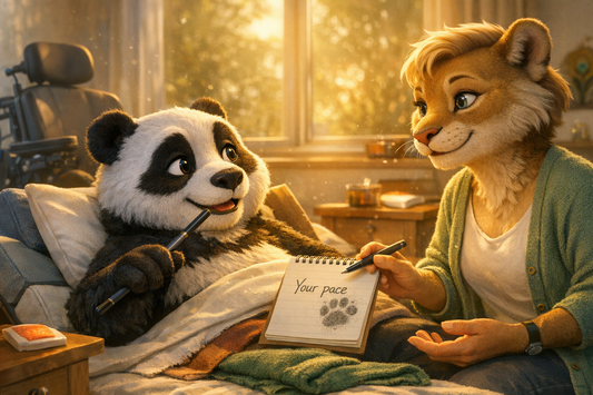 Sunlit bedroom Bumbly the panda reclines on adaptive pillows, speaking with a mouth-stick, while Janina the lioness listens at eye level, holding a notepad marked “Your pace”