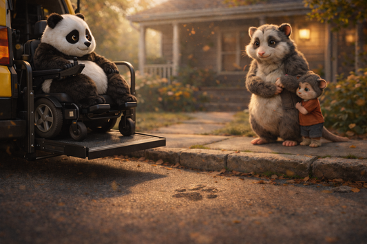 Bumbly rolls out a taxi lift toward Pausy and her 8-year-old son waiting outside their home, her expression warm but nervous in late-afternoon light.