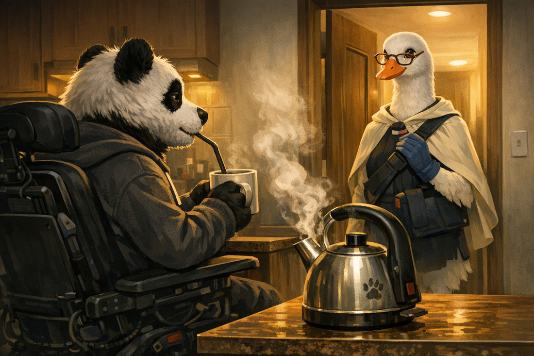 Piper, a white goose intern with a thermo-sling and blue gloves, stands in Bumbly’s apartment doorway while Bumbly waits by a steaming kettle in his powerchair